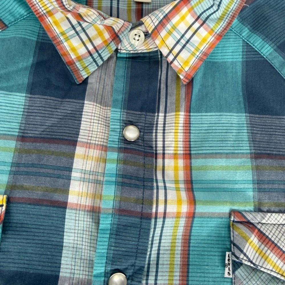 Vintage Levis Mens Western Pearl Snap Shirt Plaid Teal Blue Long Sleeve XXL